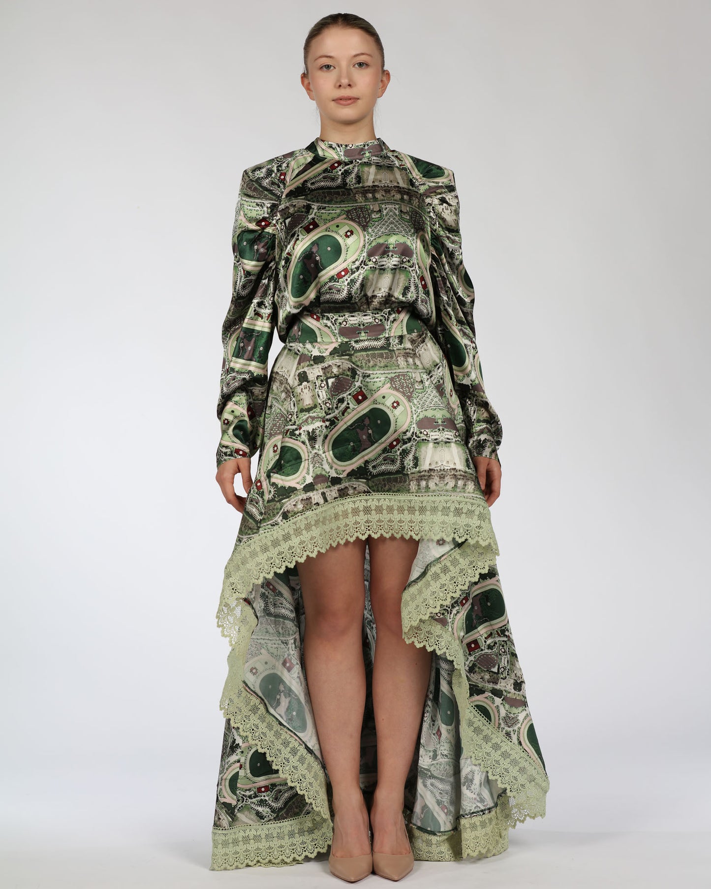 Silk Top and High–Low Skirt Set – Green Print