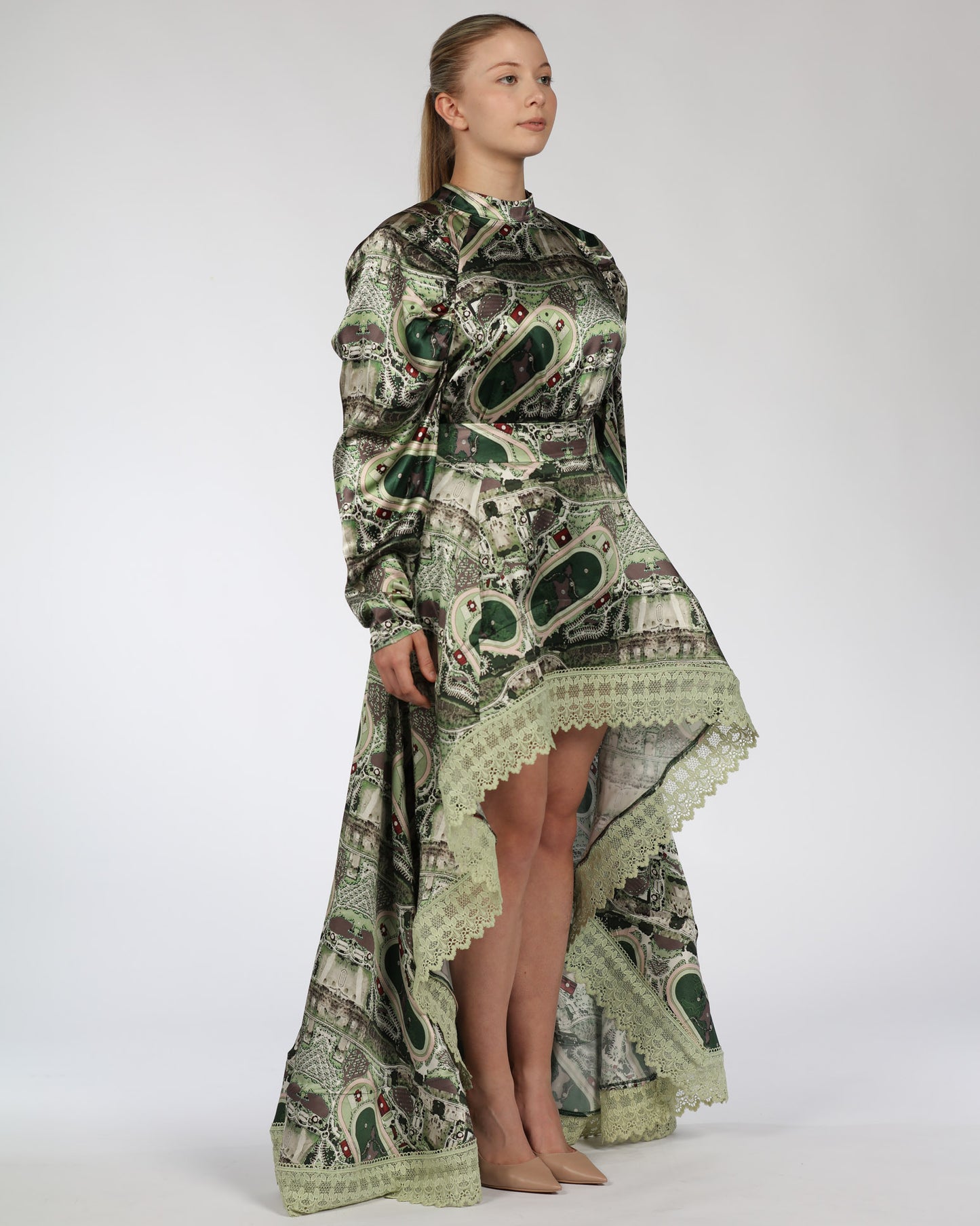 Silk Top and High–Low Skirt Set – Green Print