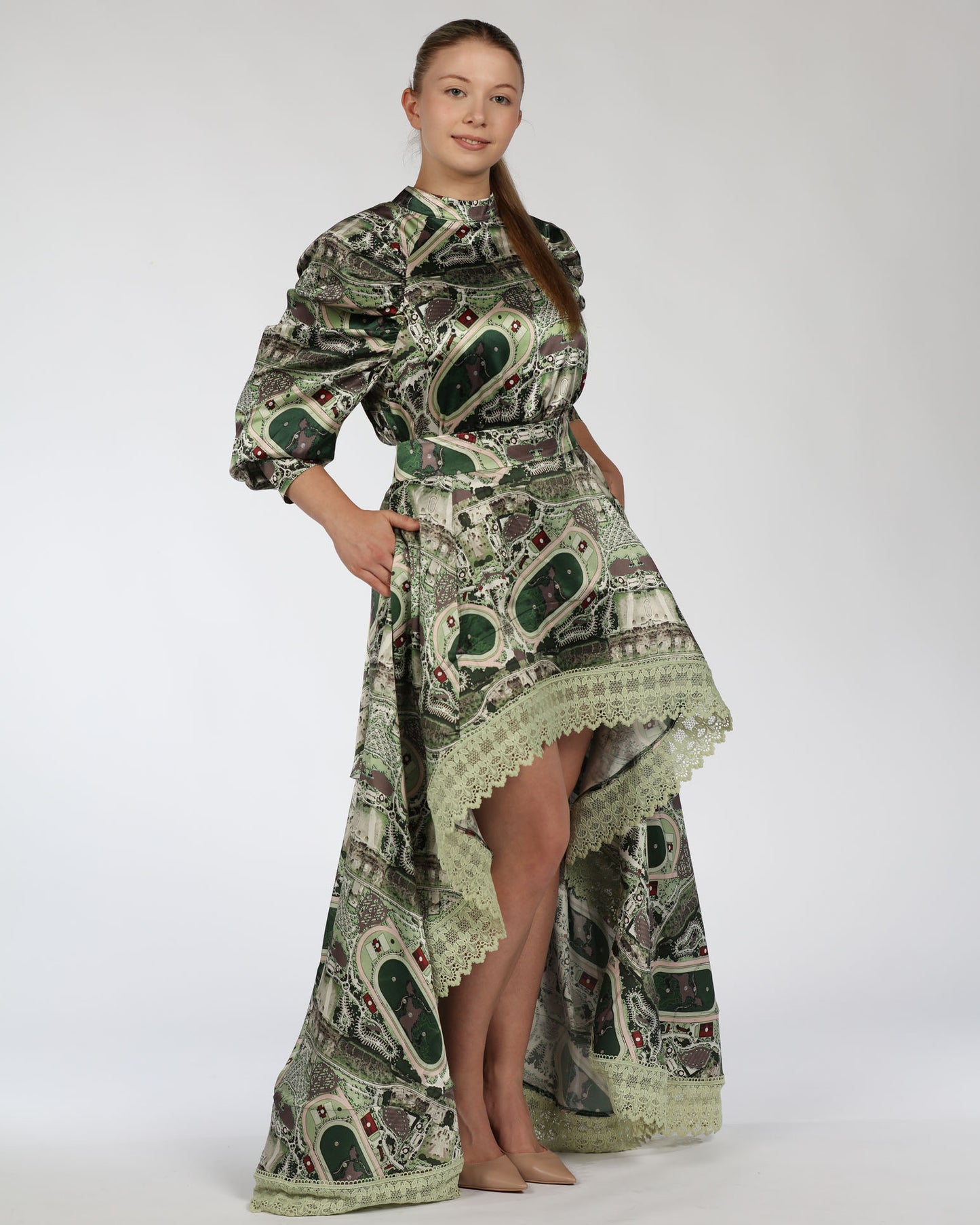 Silk Top and High–Low Skirt Set – Green Print