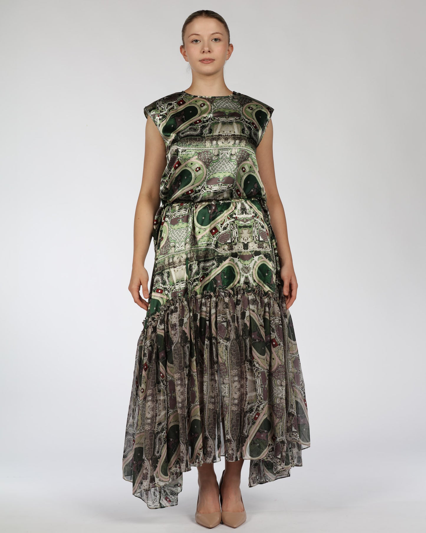 Silk Top and Skirt Set – Green Print