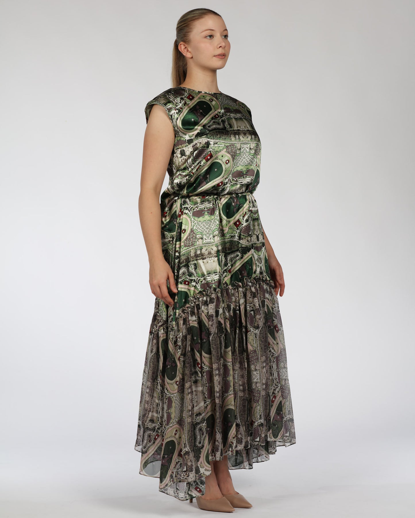 Silk Top and Skirt Set – Green Print