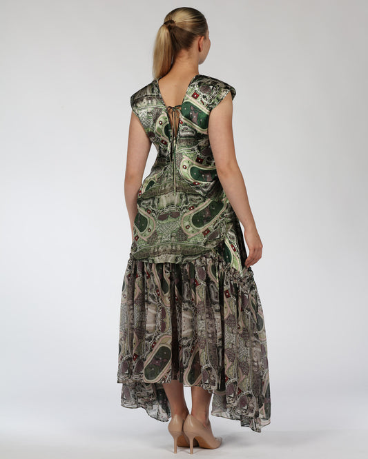 Silk Top and Skirt Set – Green Print