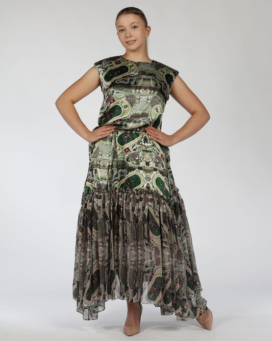 Silk Top and Skirt Set – Green Print