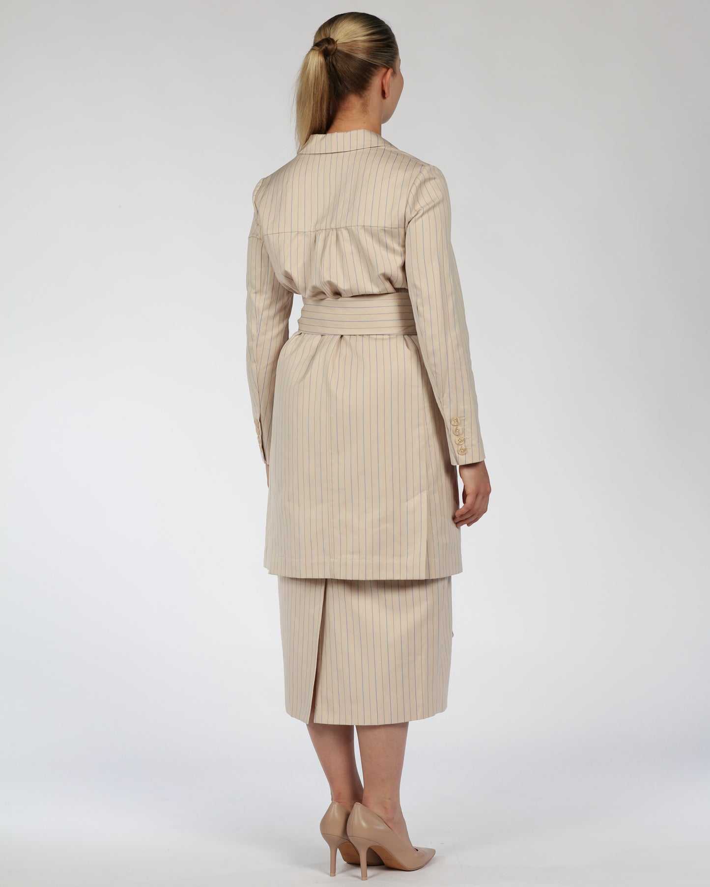 Cotton Midi Dress with Belt – Nude & Blue Stripes