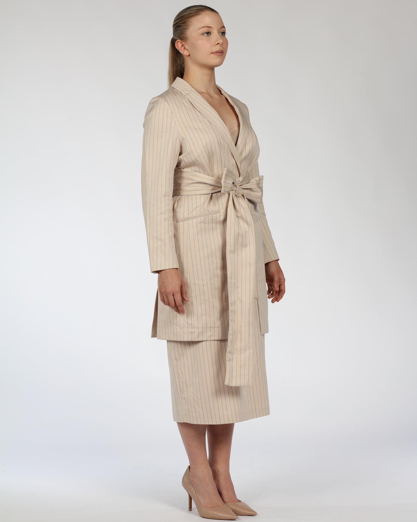 Cotton Midi Dress with Belt – Nude & Blue Stripes