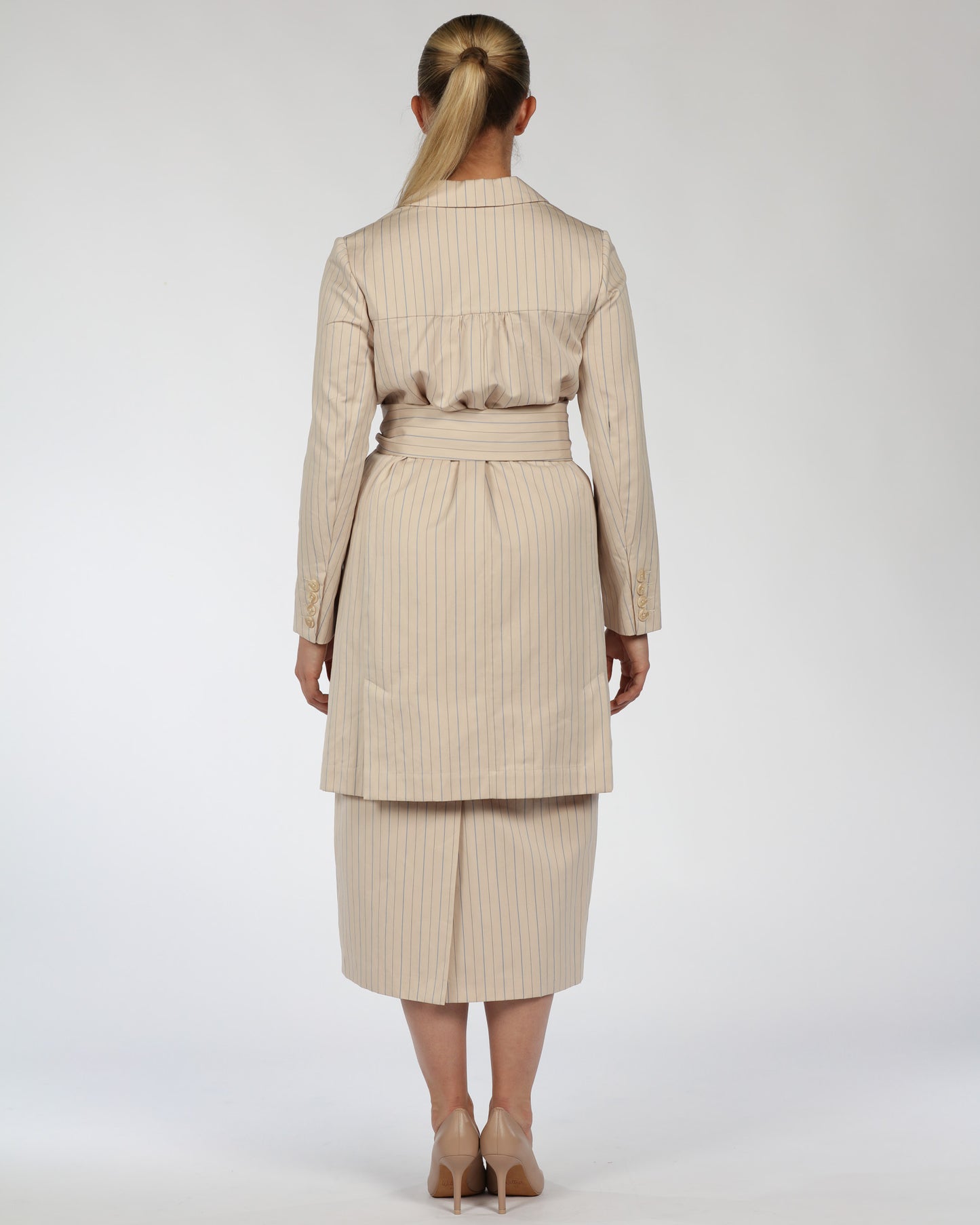 Cotton Midi Dress with Belt – Nude & Blue Stripes