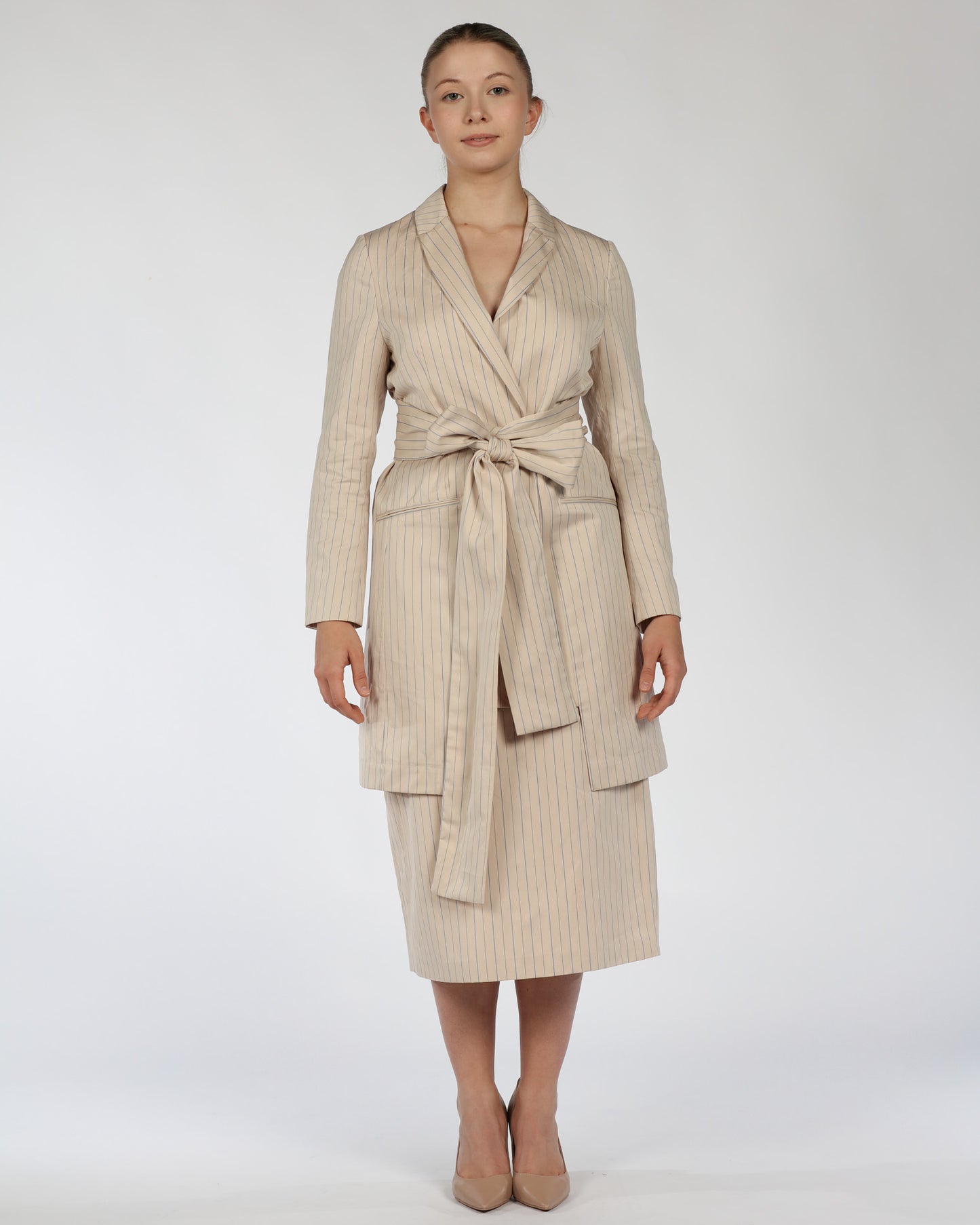 Cotton Midi Dress with Belt – Nude & Blue Stripes