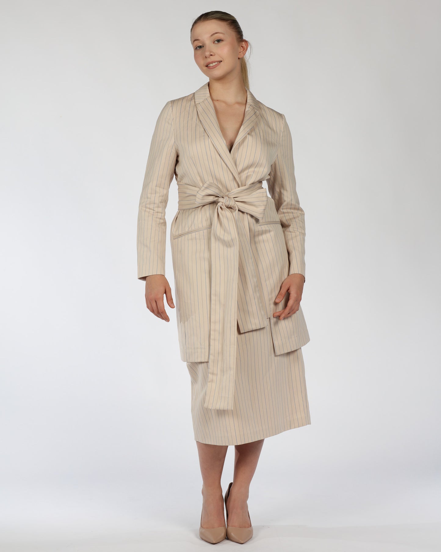 Cotton Midi Dress with Belt – Nude & Blue Stripes