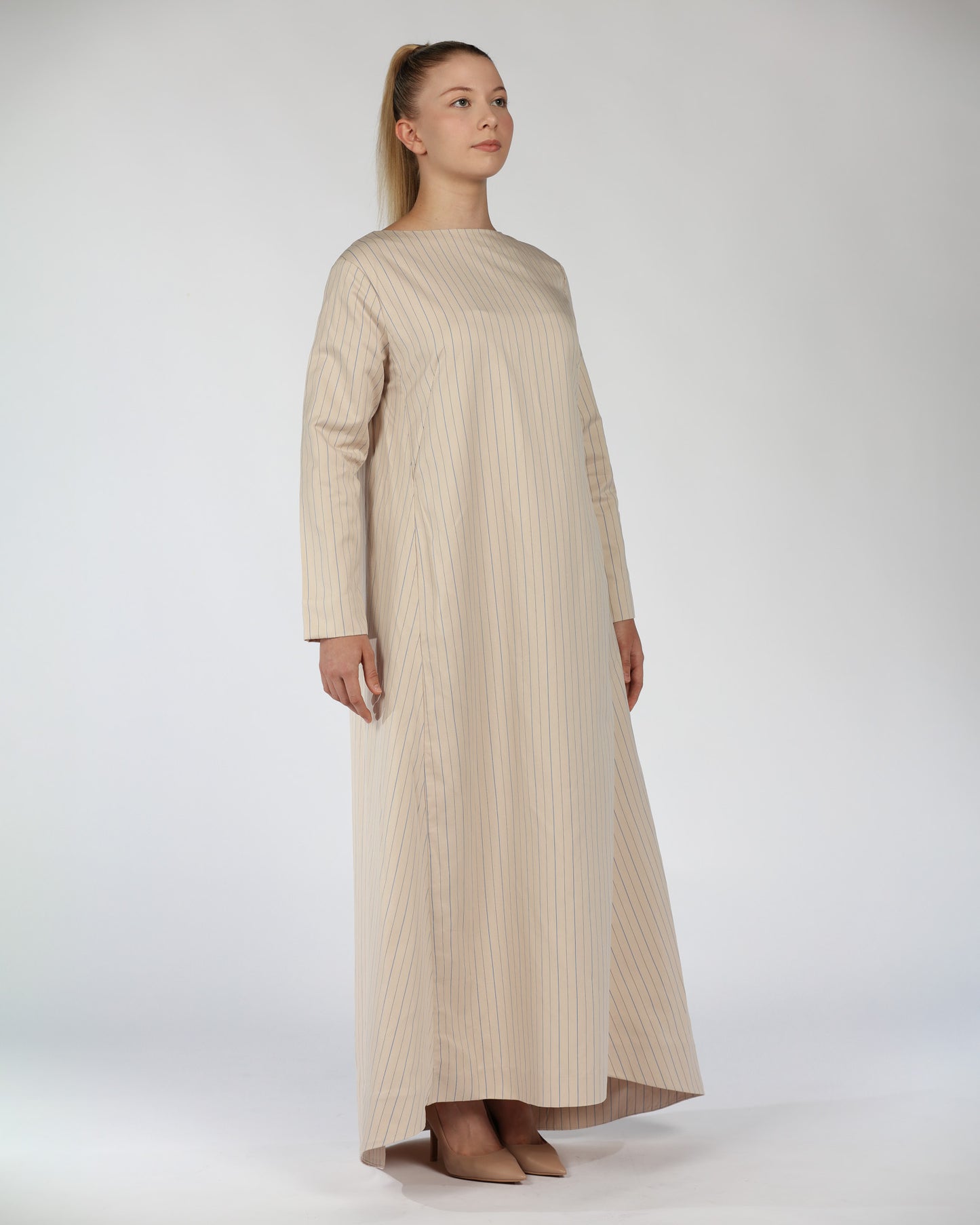 Long Sleeve Cotton Dress – Striped Nude