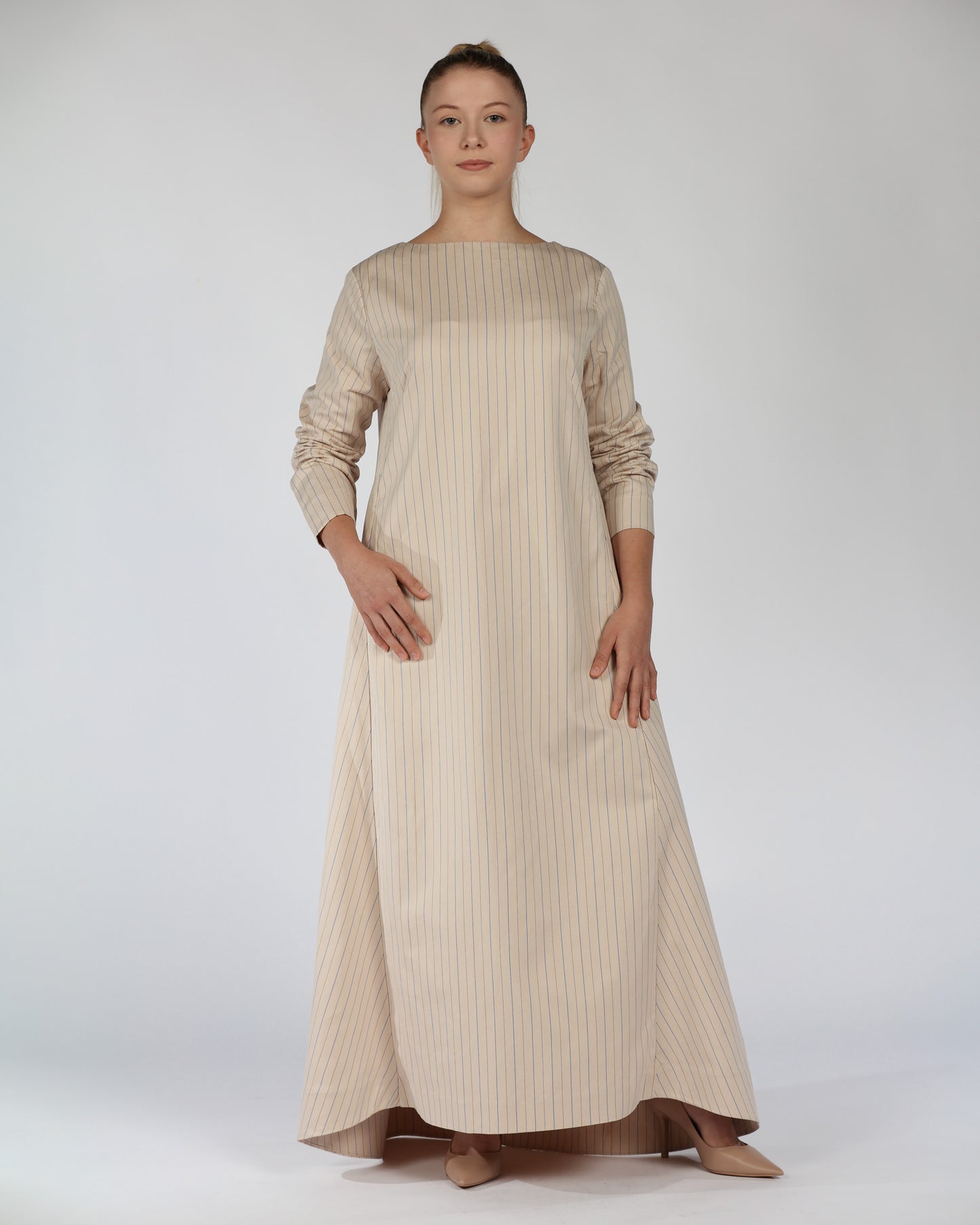 Long Sleeve Cotton Dress – Striped Nude