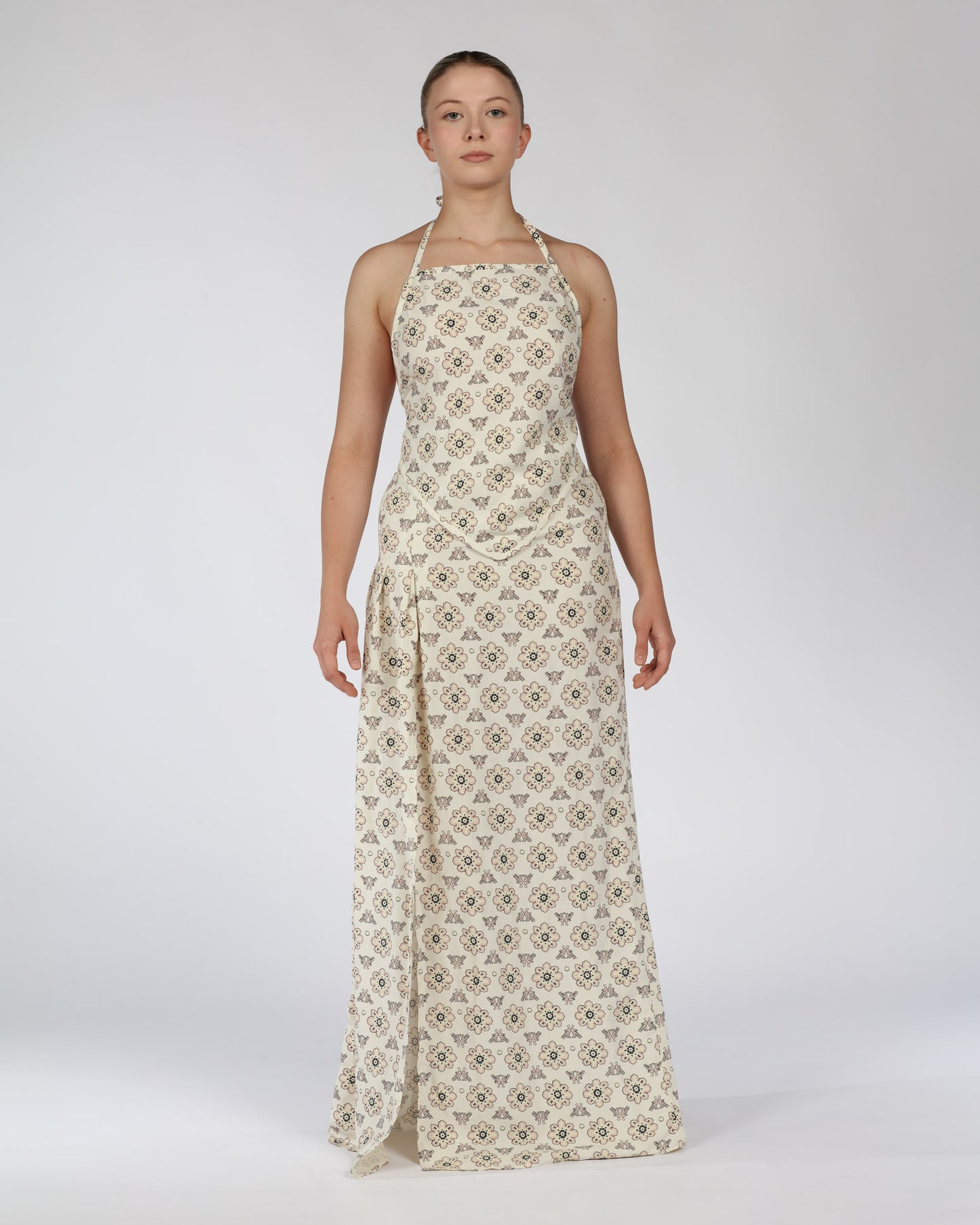 Silk Linen Halter Top and Skirt Set – Cream Print