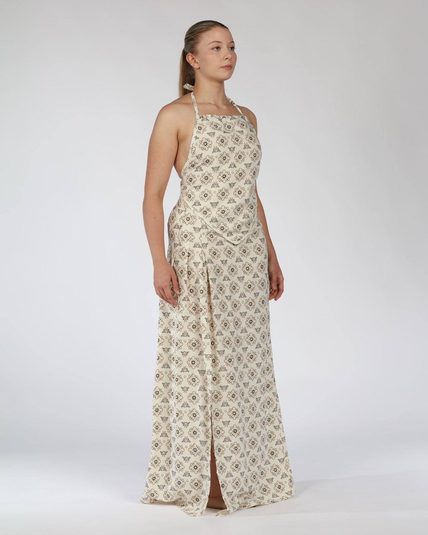 Silk Linen Halter Top and Skirt Set – Cream Print