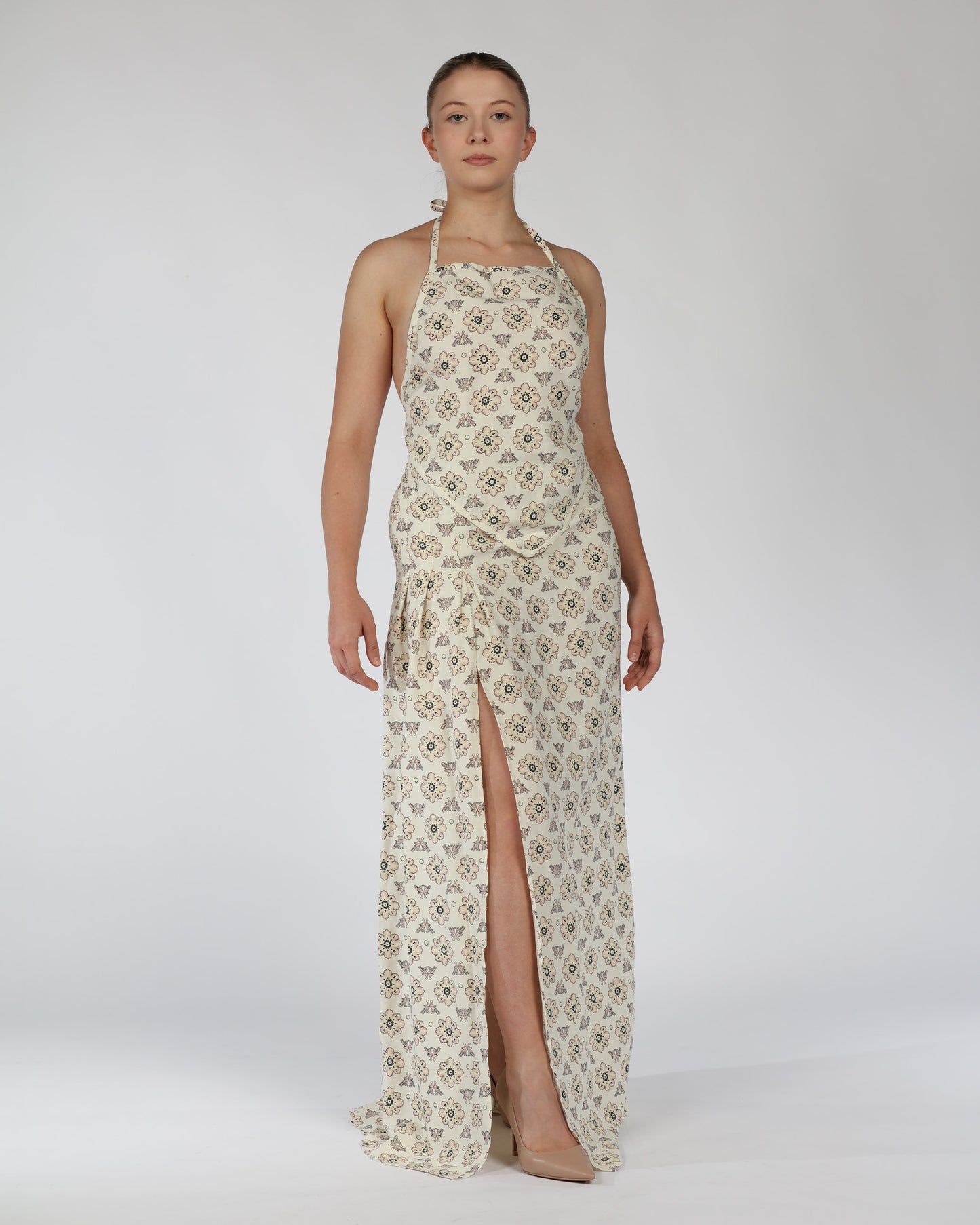 Silk Linen Halter Top and Skirt Set – Cream Print