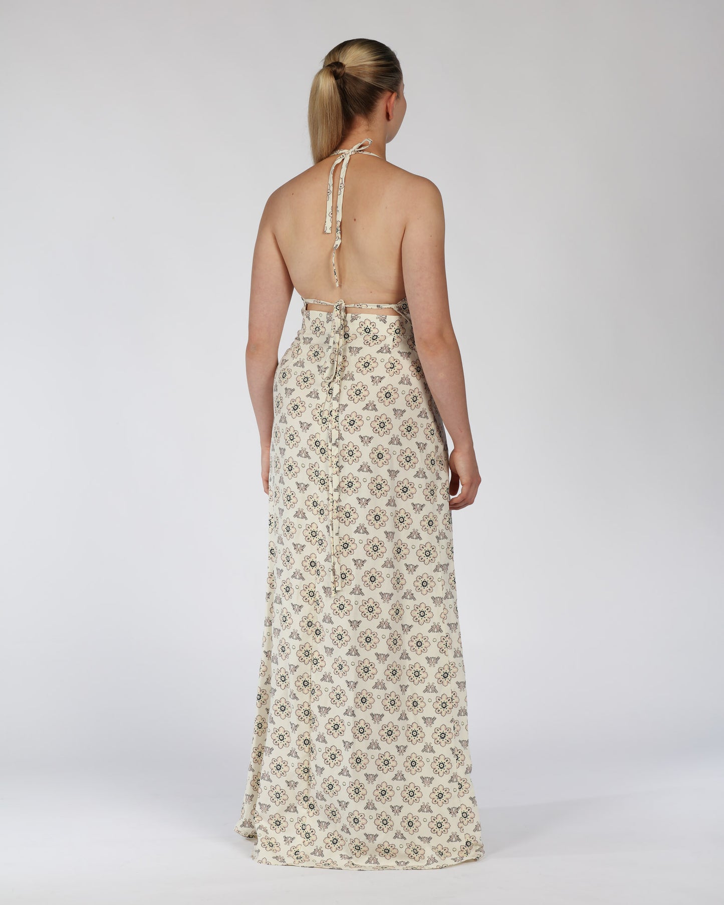 Silk Linen Halter Top and Skirt Set – Cream Print