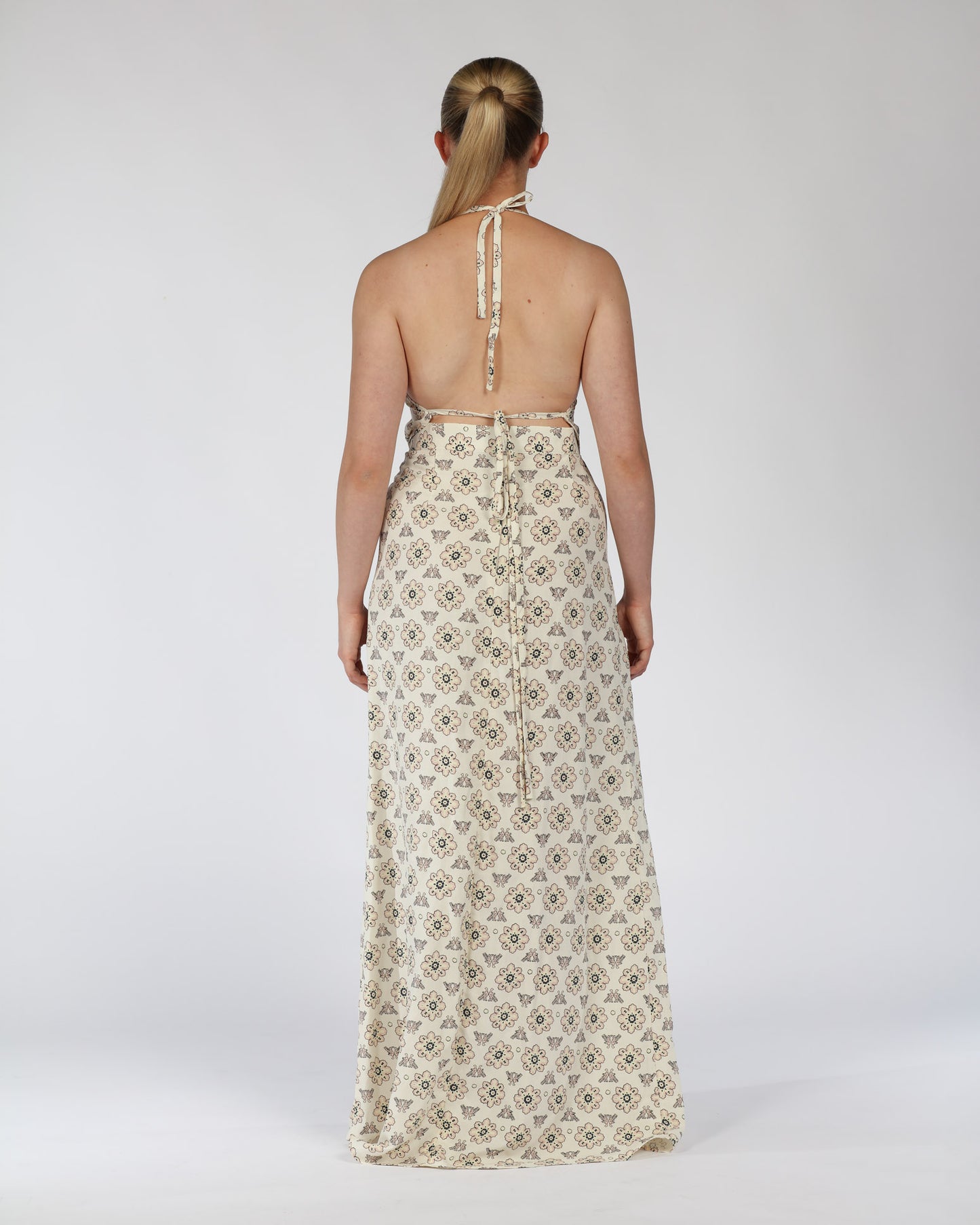 Silk Linen Halter Top and Skirt Set – Cream Print