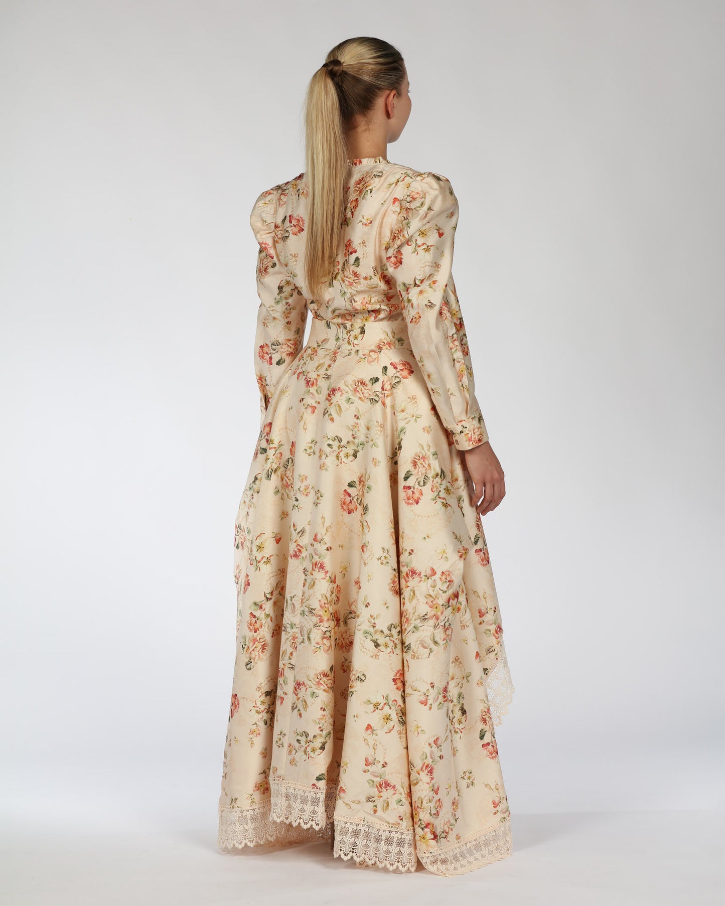 Floral High-Low Silk Dress – Lace Trim