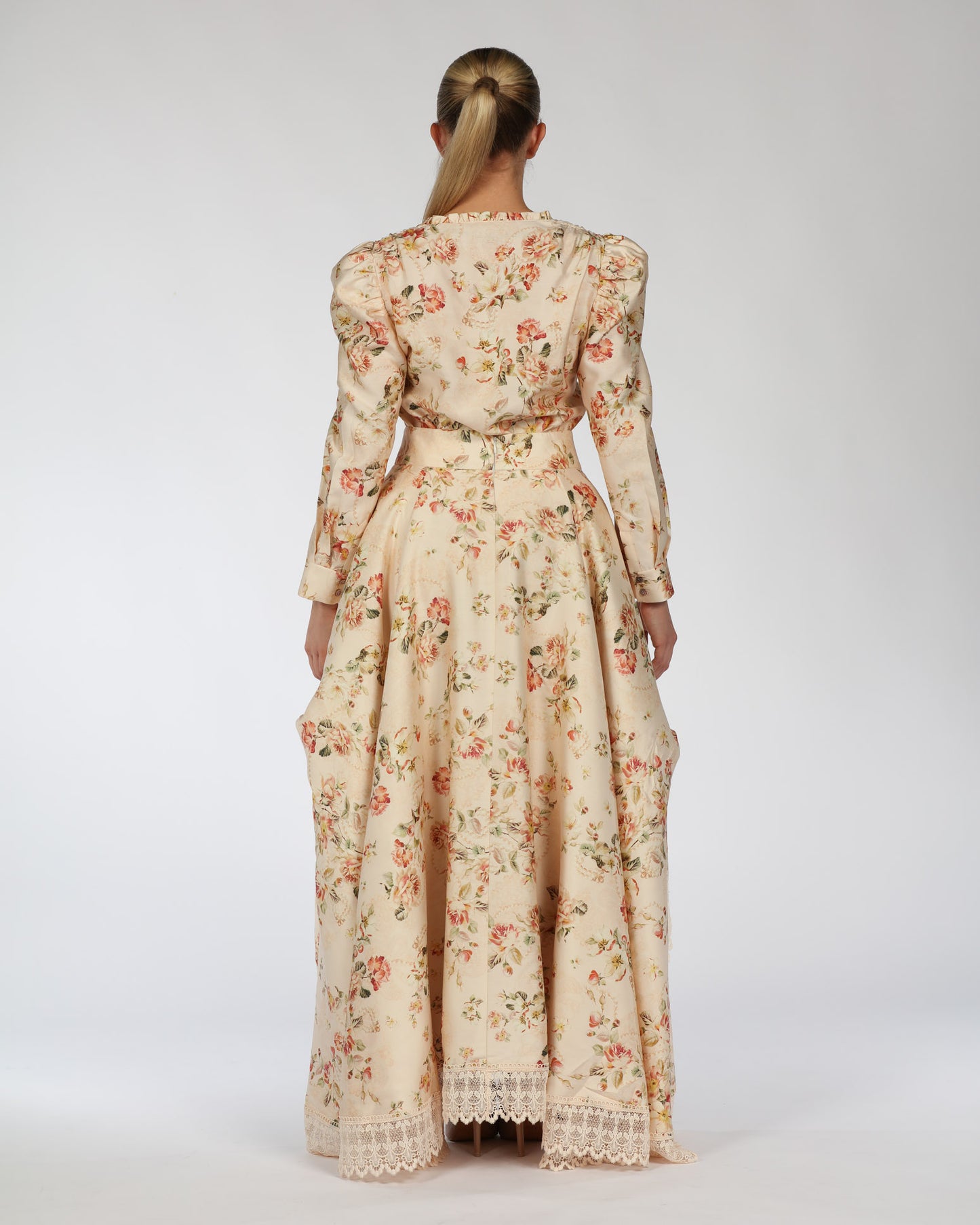 Floral High-Low Silk Dress – Lace Trim