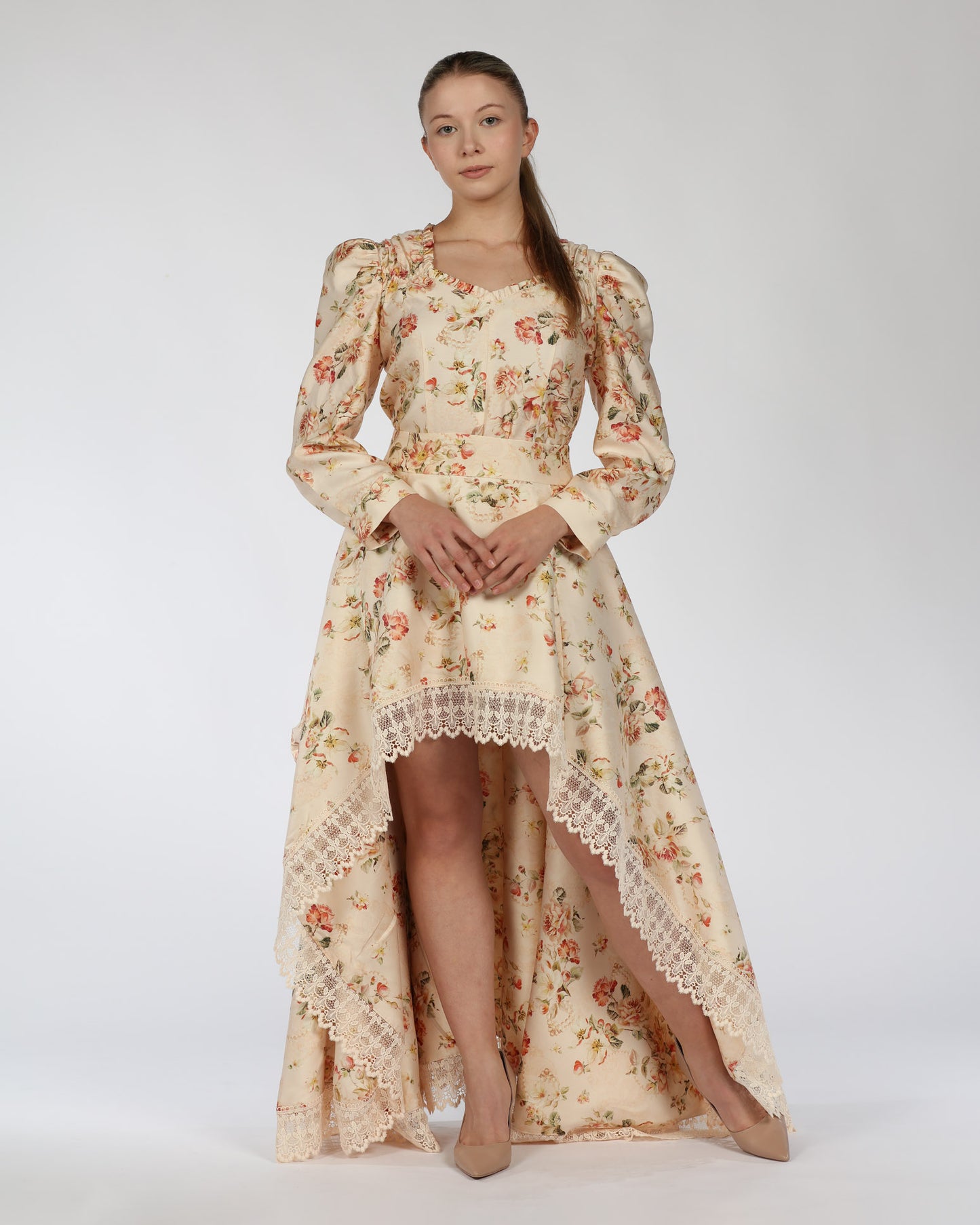 Floral High-Low Silk Dress – Lace Trim