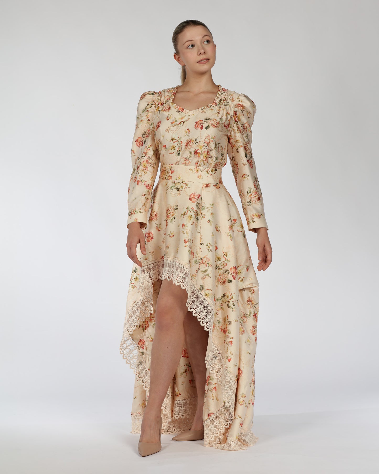 Floral High-Low Silk Dress – Lace Trim