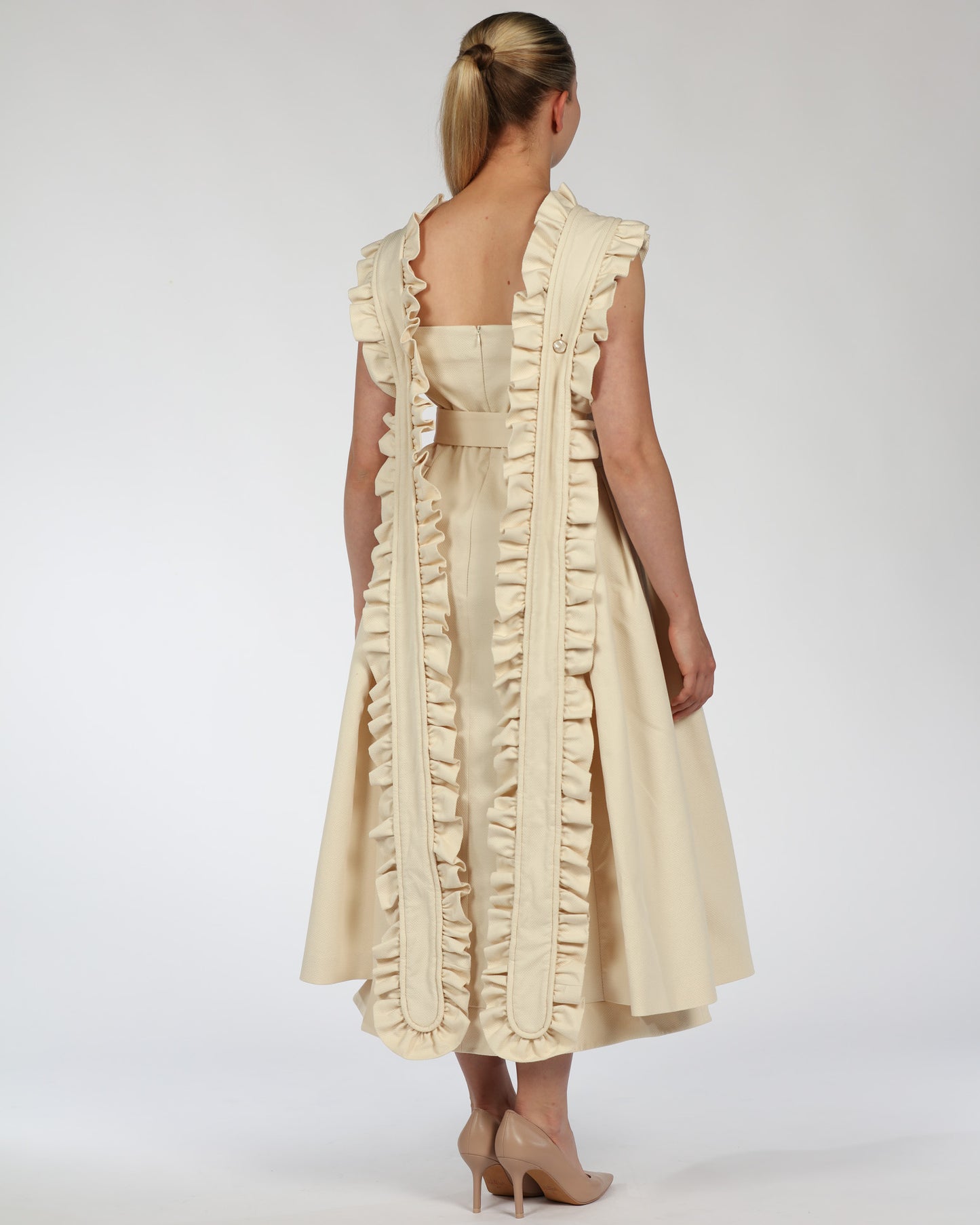 Ruffled Collar Cotton Midi Dress – Belted Design