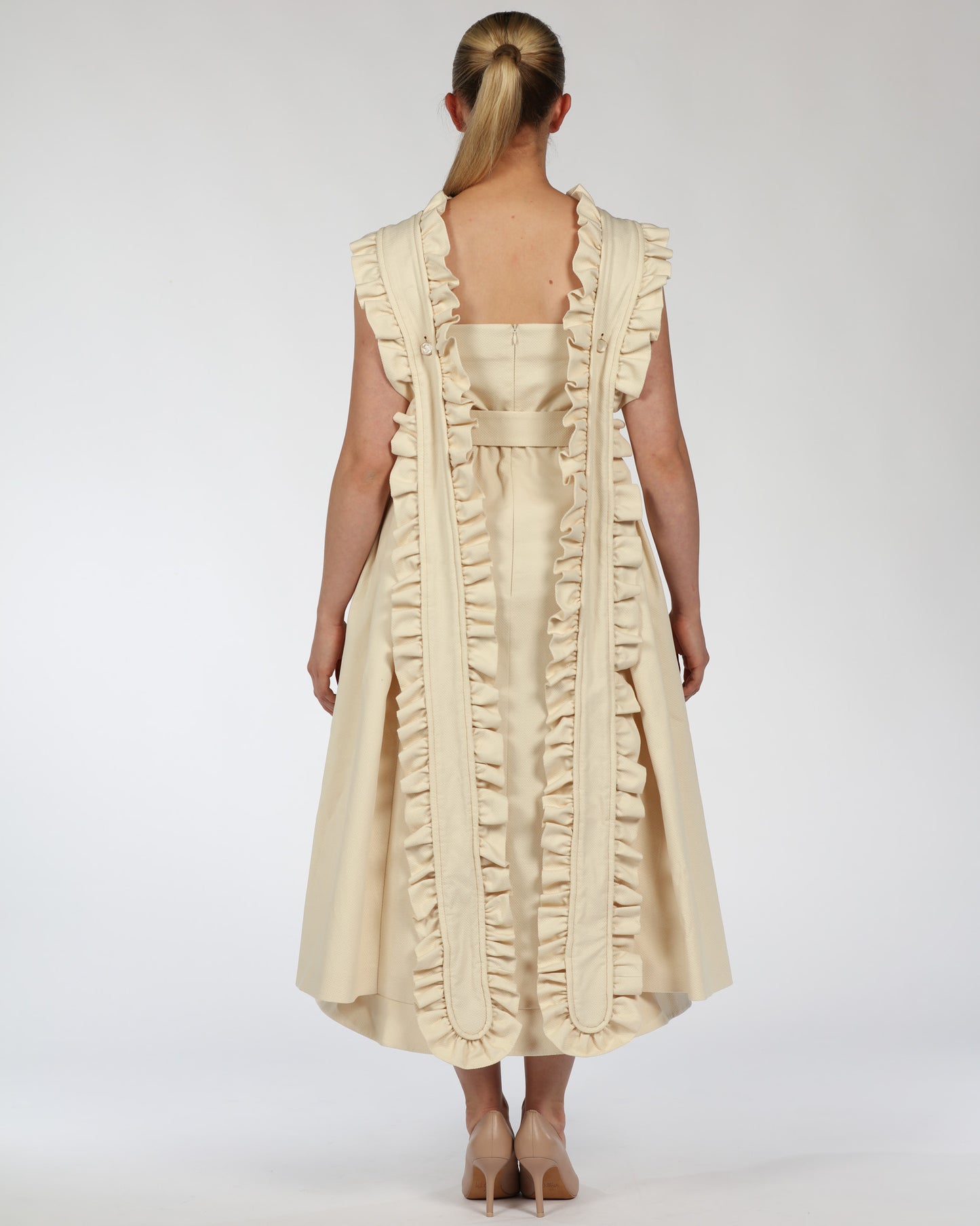 Ruffled Collar Cotton Midi Dress – Belted Design