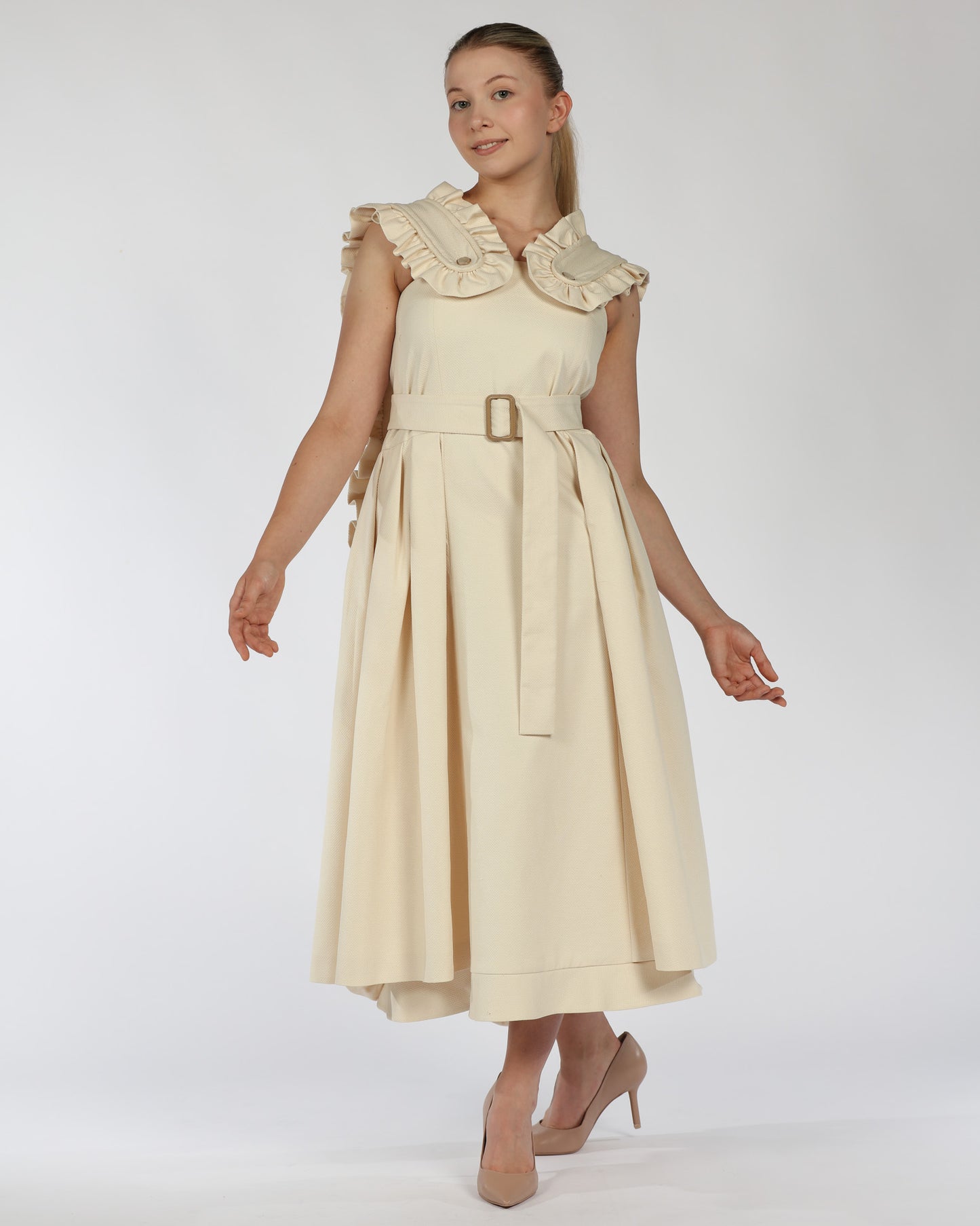 Ruffled Collar Cotton Midi Dress – Belted Design