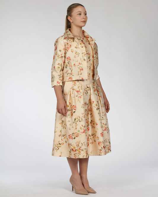 Silk-Linen Floral Midi Dress with Cropped Jacket – Wide Border Hem
