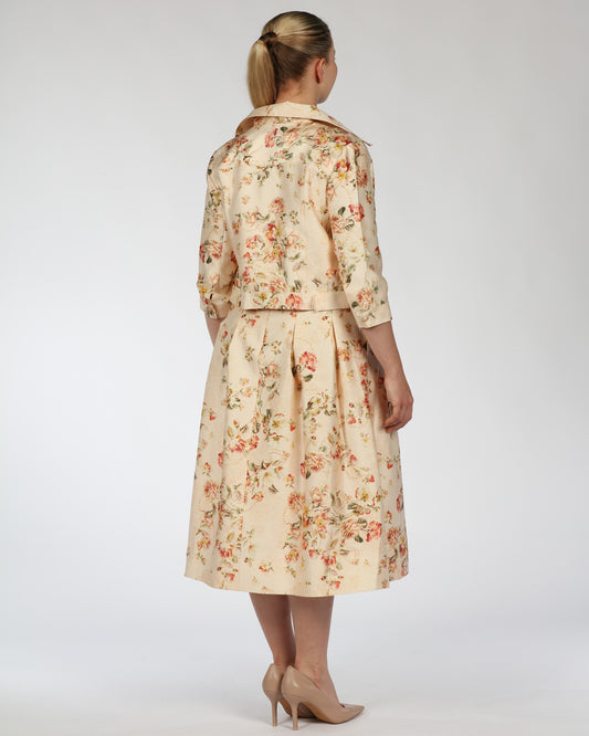 Silk-Linen Floral Midi Dress with Cropped Jacket – Wide Border Hem