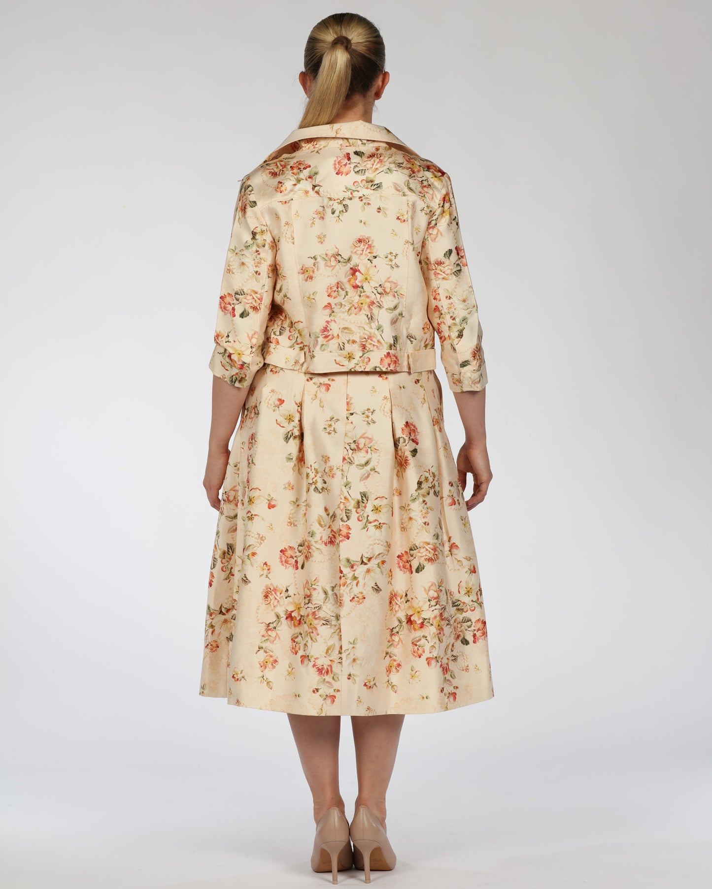 Silk-Linen Floral Midi Dress with Cropped Jacket – Wide Border Hem