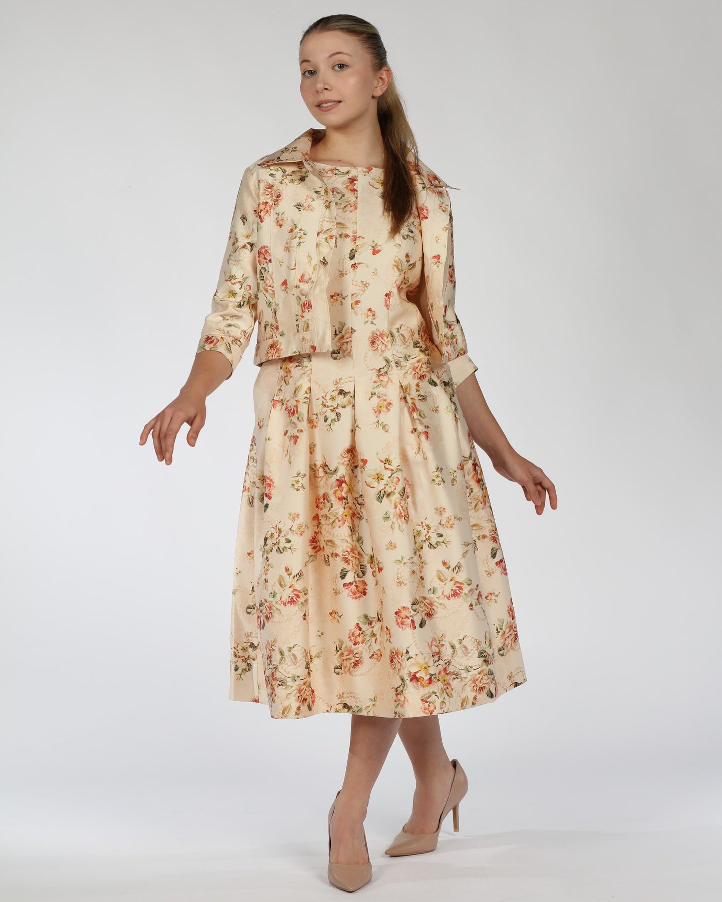 Silk-Linen Floral Midi Dress with Cropped Jacket – Wide Border Hem