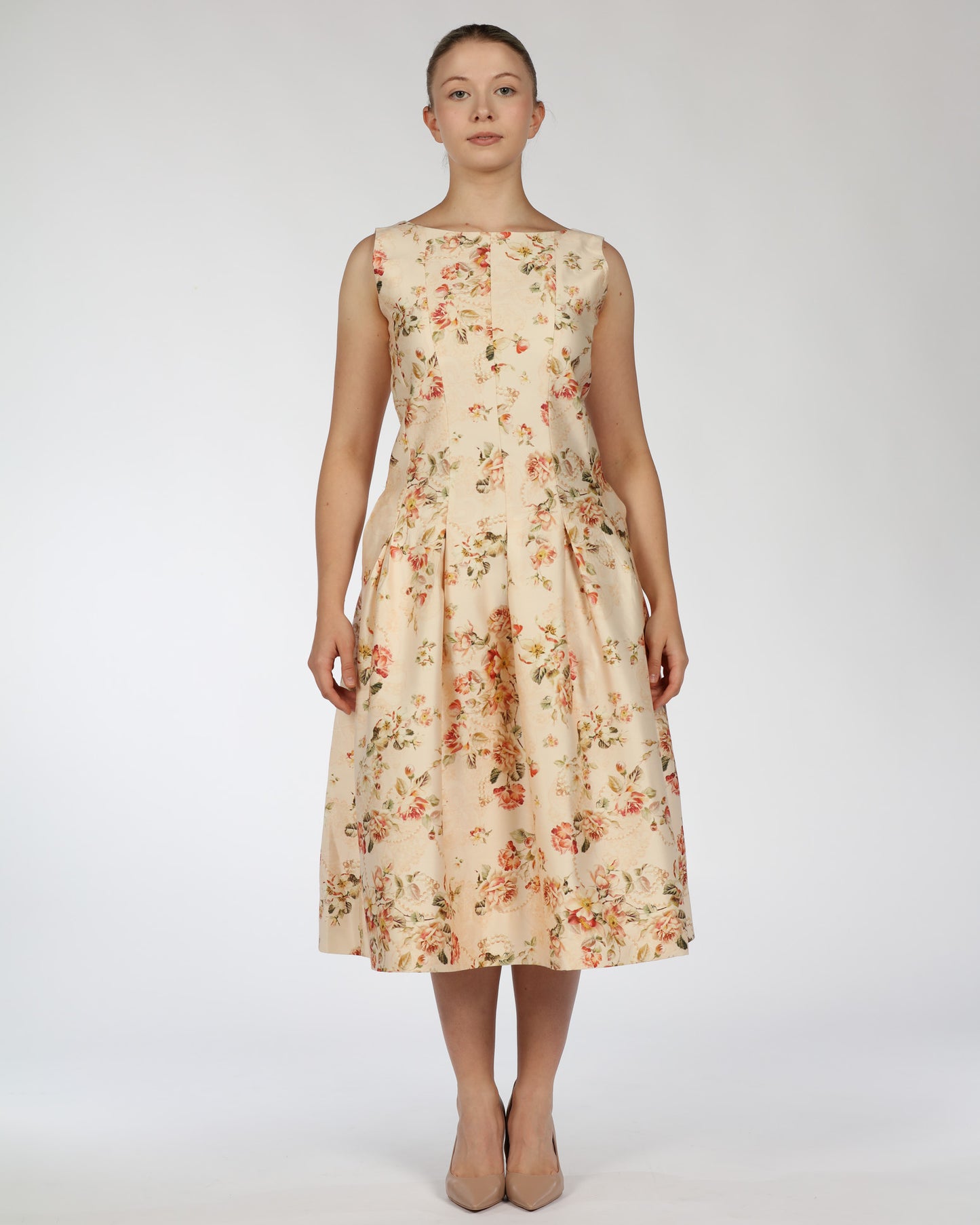 Silk-Linen Floral Midi Dress with Cropped Jacket – Wide Border Hem