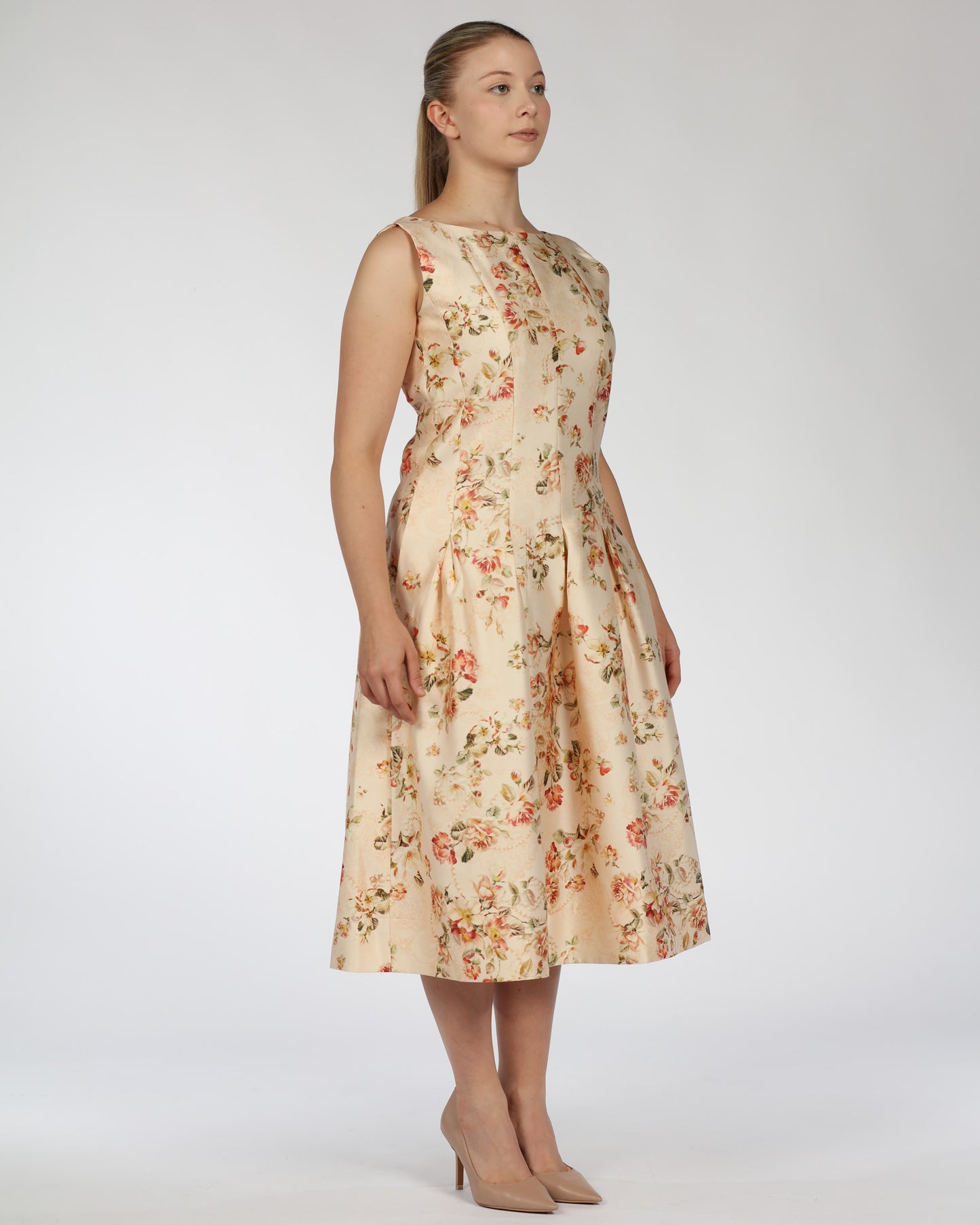 Silk-Linen Floral Midi Dress with Cropped Jacket – Wide Border Hem
