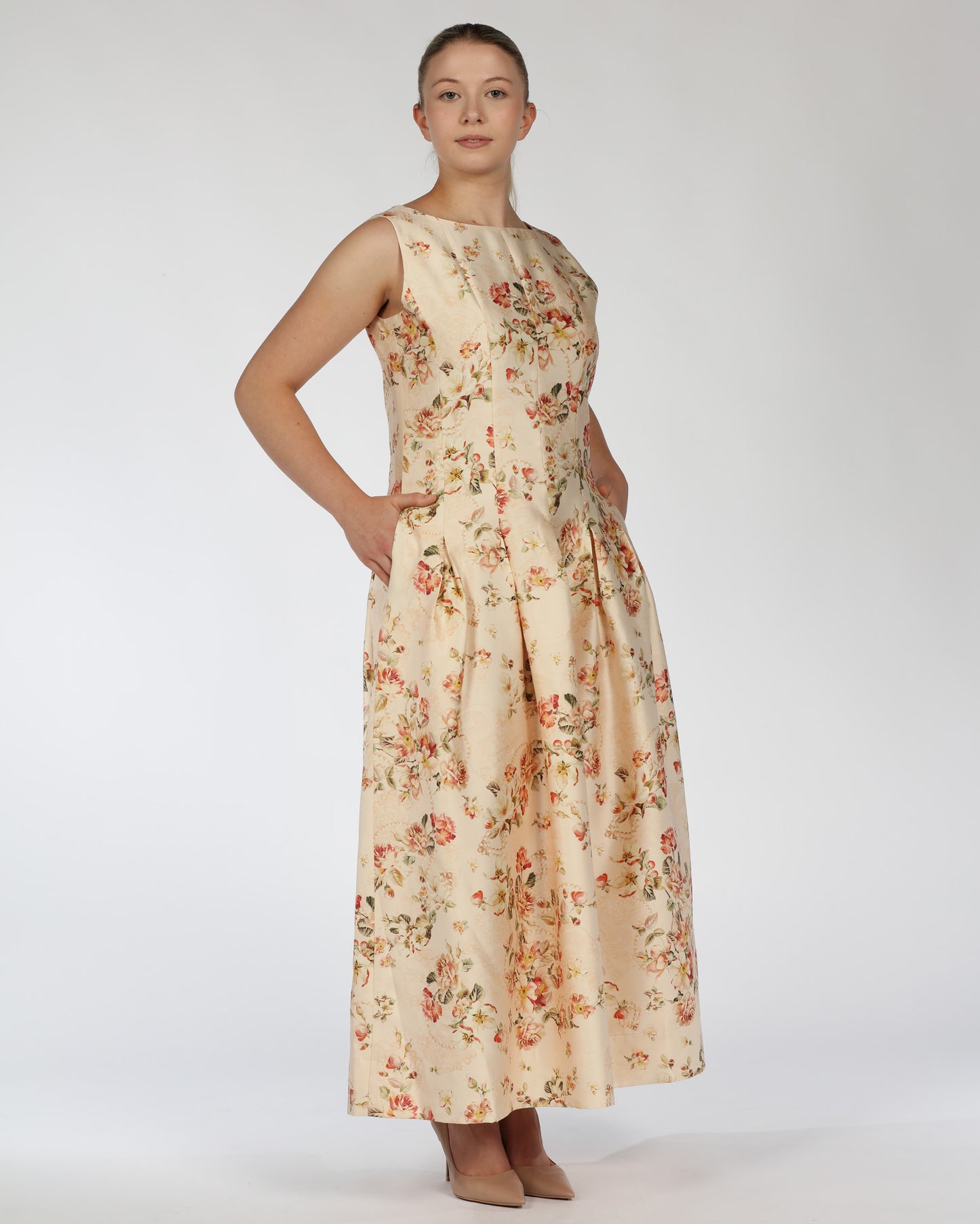 Silk–Linen Midi Dress with Pockets