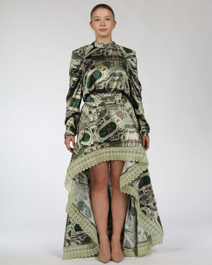 Silk Top and High–Low Skirt Set – Green Print