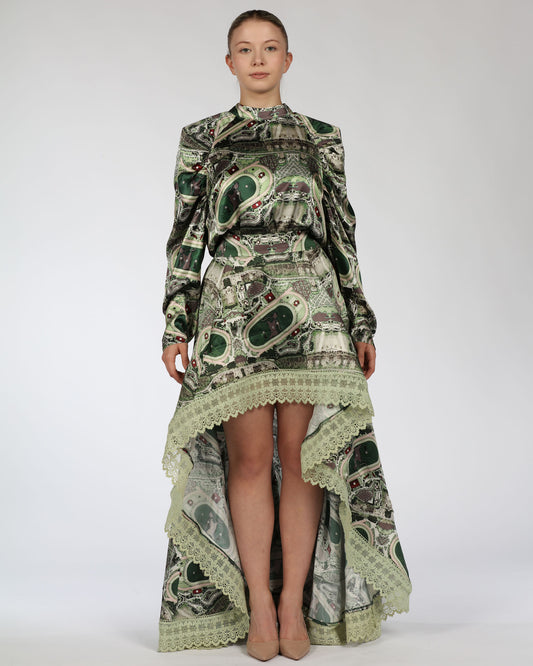 Silk Top and High–Low Skirt Set – Green Print