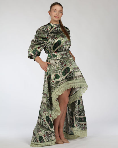 Silk Top and High–Low Skirt Set – Green Print