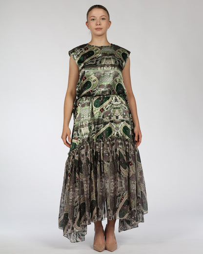 Silk Top and Skirt Set – Green Print