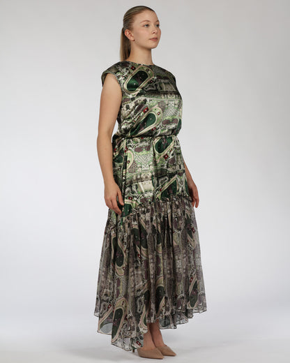 Silk Top and Skirt Set – Green Print