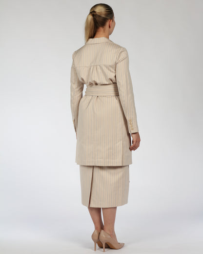 Cotton Midi Dress with Belt – Nude & Blue Stripes