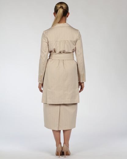 Cotton Midi Dress with Belt – Nude & Blue Stripes