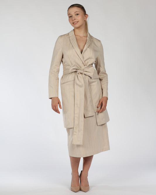 Cotton Midi Dress with Belt – Nude & Blue Stripes