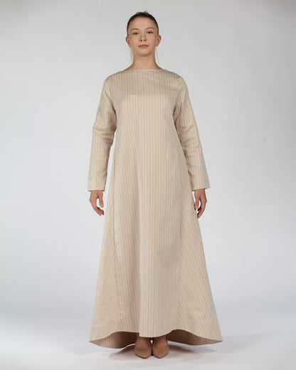 Long Sleeve Cotton Dress – Striped Nude