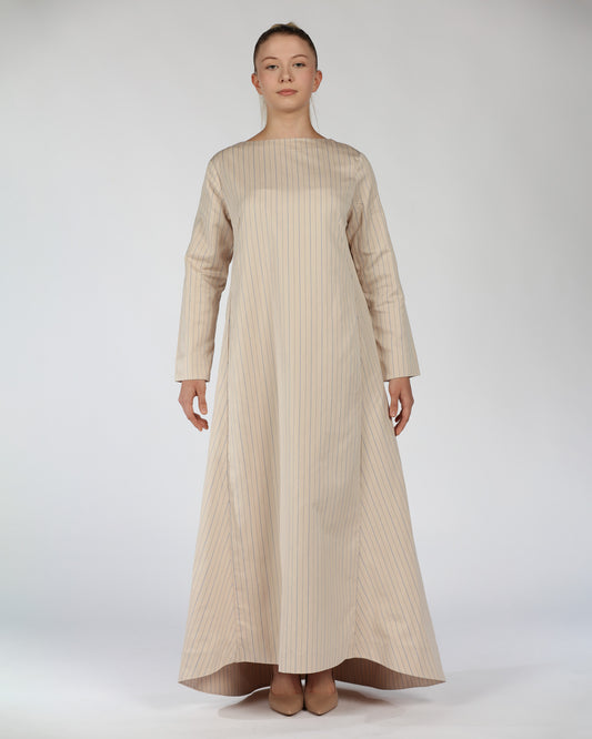 Long Sleeve Cotton Dress – Striped Nude