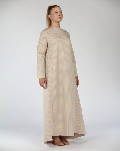 Long Sleeve Cotton Dress – Striped Nude