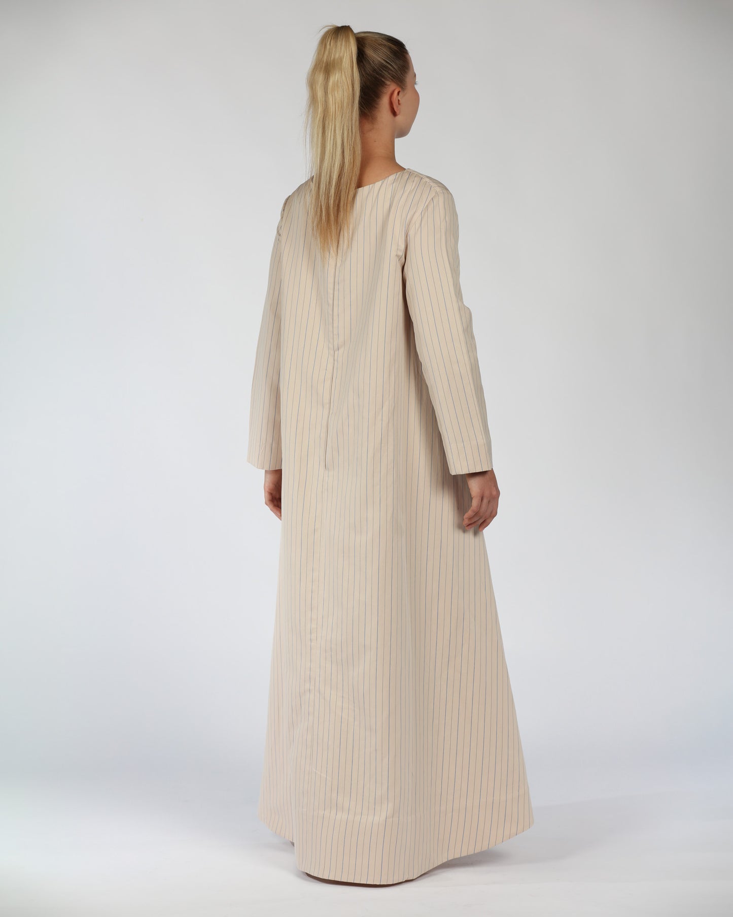 Long Sleeve Cotton Dress – Striped Nude