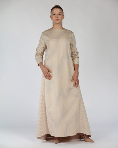Long Sleeve Cotton Dress – Striped Nude
