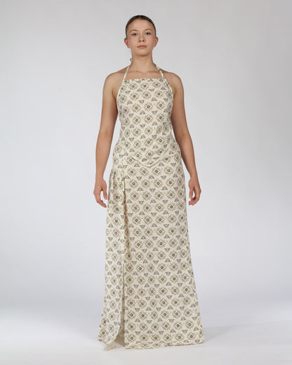 Silk Linen Halter Top and Skirt Set – Cream Print