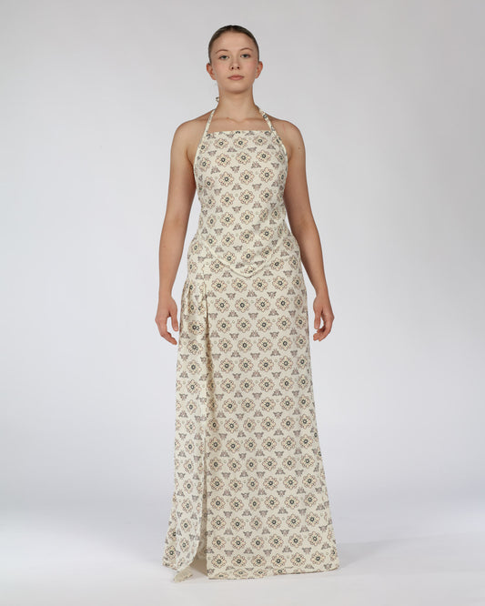 Silk Linen Halter Top and Skirt Set – Cream Print