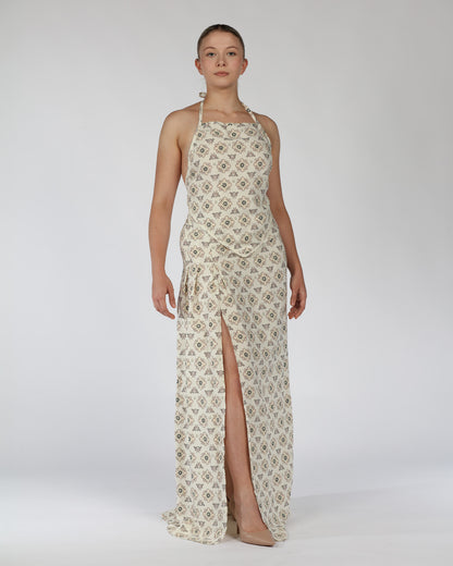 Silk Linen Halter Top and Skirt Set – Cream Print