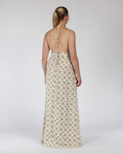 Silk Linen Halter Top and Skirt Set – Cream Print